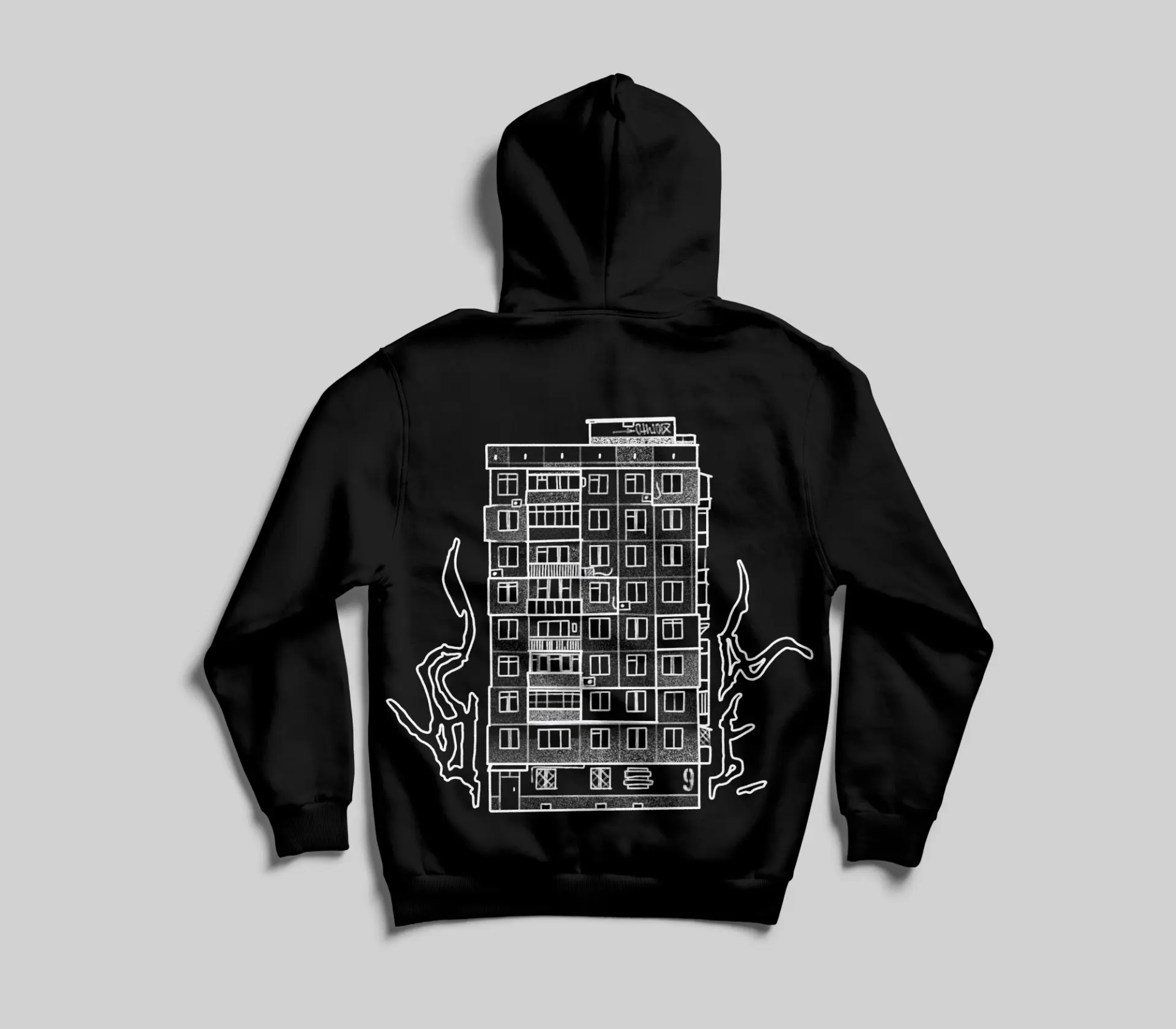 Black hoodie back print with illustrated apartment block