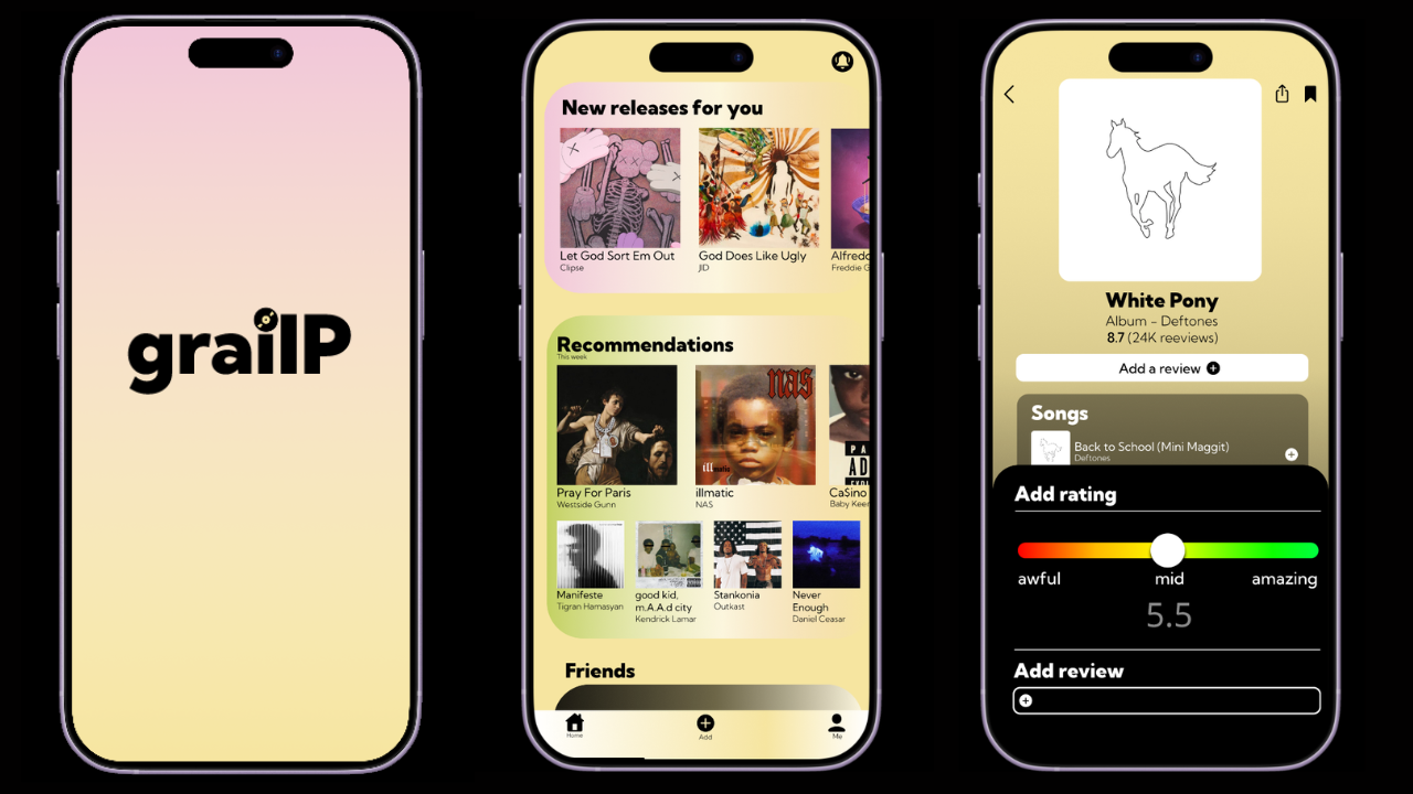 Grailp App key screens: splash, discovery and album detail